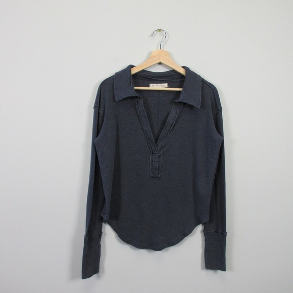 We The Free People Anakin Thermal Top Women XS Blue Boho Lounge Collared 342 - Picture 1 of 11